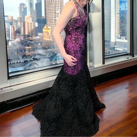 Johnathan Kayne Purple Black Lace Halter Goth Prom Wedding Dress Gown 2 edgy - Picture 3 of 15